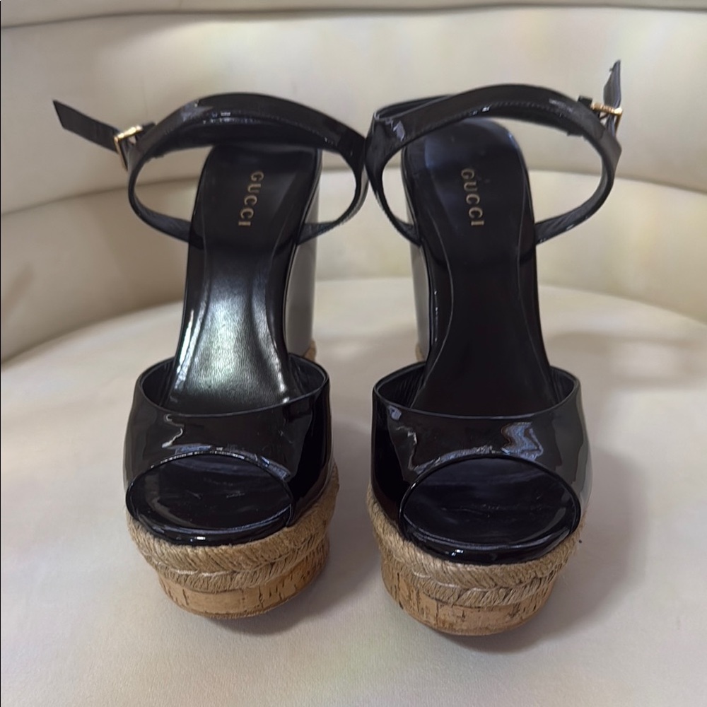 Gucci Black Espadrilles with Cork Wedge and Ankle Strap